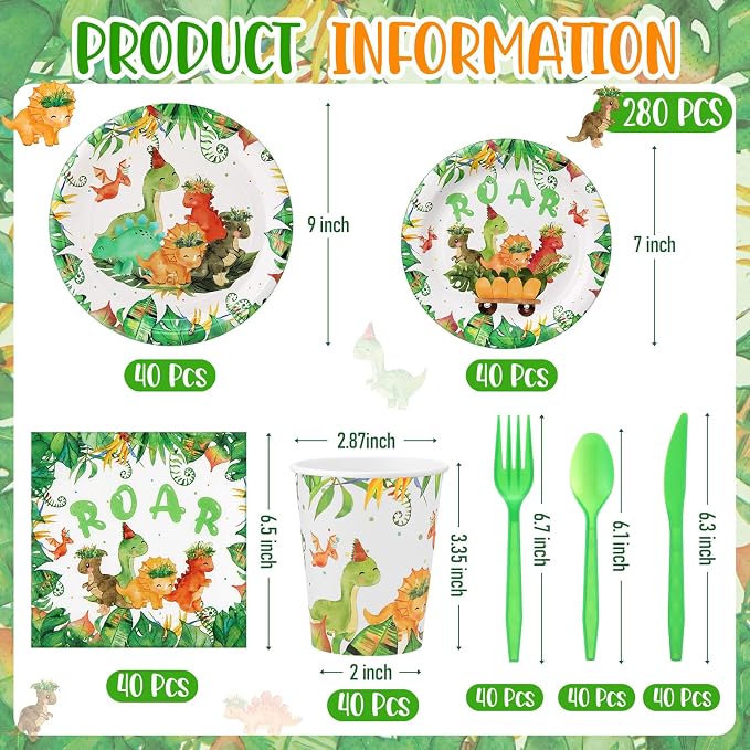 Ziliny 280 Pcs Dinosaur Tableware Set Disposable Dinosaur Paper Plates and Napkins Paper Cups Green Plastic Knives Forks Spoons for Baby Shower Wedding Birthday Party Supplies, Serve 40