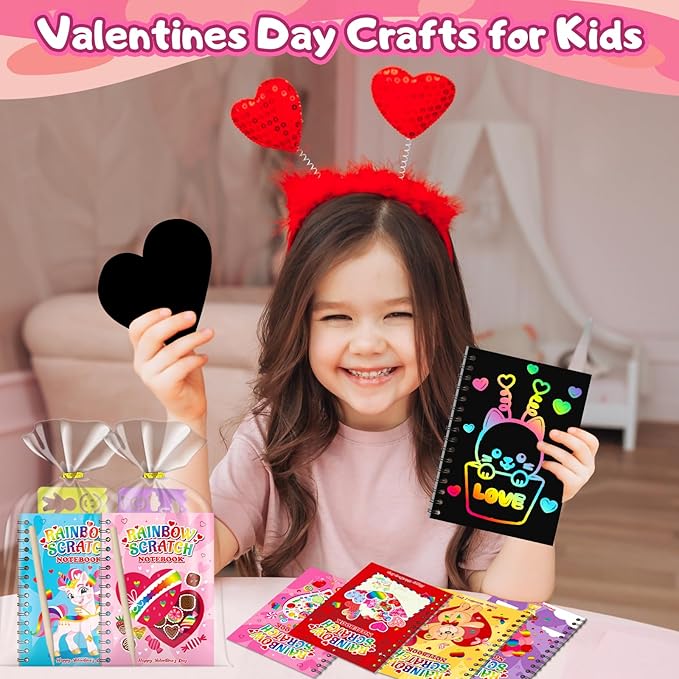 Scratch Art Party Favors for Kids: 24 Pack Valentines Rainbow Scratch Art Notebook Classroom School Party Supplies Bulk for Girls Boys Goodie Bags Stuffers, Valentines Day Gifts for Kids Classroom