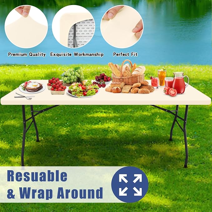 Moosfor Spandex 5 Foot Rectangle Table Cloth 6 Pack, Elastic Fitted Tablecloths for Picnic, Stretch Washable Patio Table Cover for Outdoor, Camping, Banquet and Parties (Champagne, 30"x60")