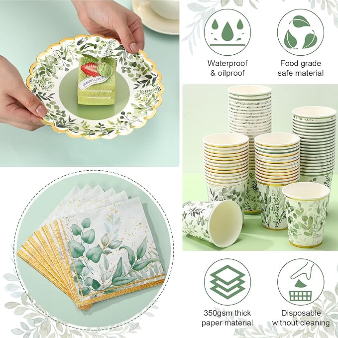 Yungyan 216 Pcs 72 Guest Sage Green Plates and Napkins Sets Eucalyptus Party Supplies 6" Disposable Paper Plates, 9 oz Tea Cups for Baby Shower Birthday Wedding Bridal Shower Party