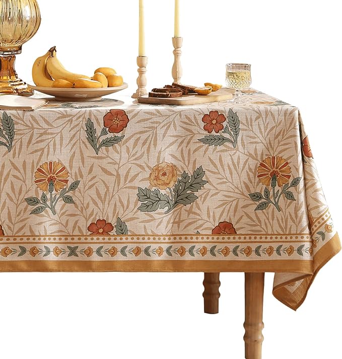 patdrea Vintage Linen Tablecloth,Rectangular,87"x55"-RosaSilvestre A | French Heavyweight Table Cloth for Rectangle Table,Yellow Floral Patterned,Dining Room Kitchen Tea Party Decoration