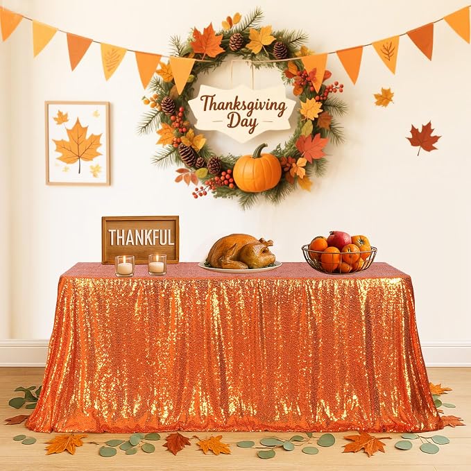 Eternal Beauty Orange Tablecloth, 60x102 Inch Sequin Rectangle Table Cover for Cake Dessert Exhibition Party Birthday Events