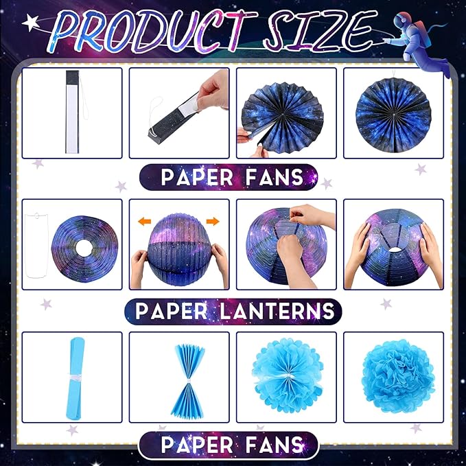 Hortsun 16 Pieces Galaxy Party Decorations Galaxy Print Paper Lanterns Paper Fans Flowers Space Themed Hanging Lanterns Ceiling Decor for Home Birthday Party Decor