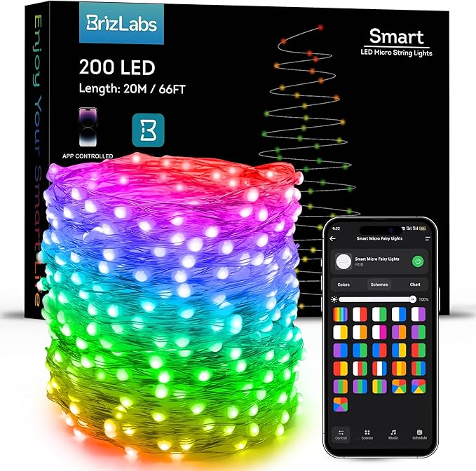 BrizLabs Smart Fairy String Lights, 66ft 200 LED WiFi 4th of July Fairy Lights App Control, Dimmable Red White Blue Light Rainbow Christmas Light, Music RGB Xmas Lighting Work with Alexa & Google Home