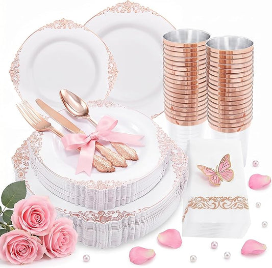 Morejoy 175PCS Rose Gold Plastic Plates & Plastic Silverware inculdes: 25 Dinner Plates,25 Dessert Plates, 25 Forks,25 Knives, 25 Spoons, 25 Cups,25 Napkins Perfect for Wedding & Party & Mother's Day