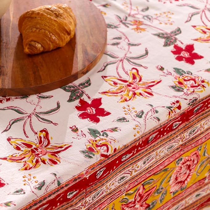 Hand Block Printed Tablecloth, Colorful Floral Print, Indian Artisan Handmade Art, Dining Room, Kitchen, Outdoor Décor, (Ruby Rose Charm, 8 Seater 72 x 108 Inches Rectangle)