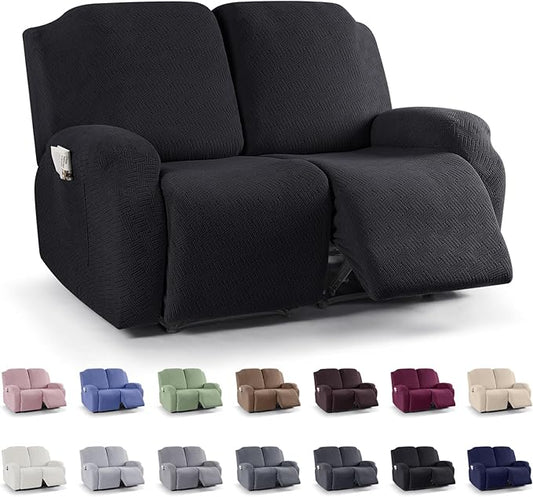 KinCam Recliner Covers, Stretch Reclining Chair Covers, Recliner Sofa Slipcovers Stripe Jacquard Recliner Couch Covers Furniture Protector Covers for Pet Kid(2 Seater, Black)