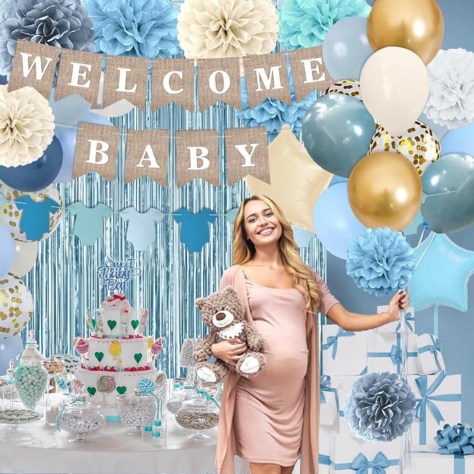 Dusty Blue Baby Shower Decorations, Boy Baby Shower Decor Set with Welcome Baby Banner, Paper Pom Poms, Sweet Baby-Boy Cake Topper, Fog Blue White Gold Balloons, Boho Baby Boy Shower Party Supplies