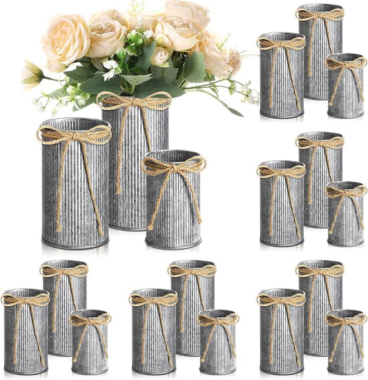 Zonon 18 Pcs Farmhouse Vase Decor with Twine Bow 4.33" Galvanized Flower Bucket 5.91" Metal Pots 7.09" Rustic Decorated Vases for Artificial Flowers Home Table Weddings Decor (Black)