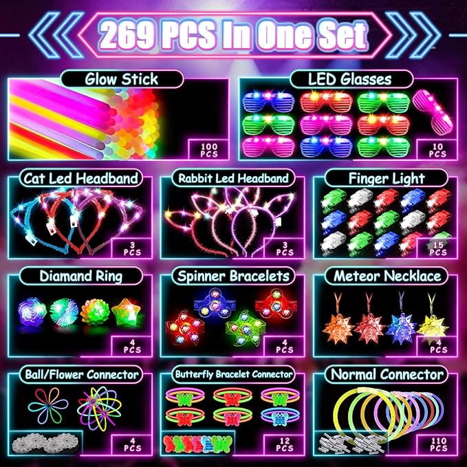 MIBOTE 269Pcs Led Light Up Toys Party Favors Glow in the Dark Party Supplies for Kid/Adults with Light Up Glasses,Headband,Rings,Bracelets,100 Glow Sticks Bulk Party Pack DIY Glow Neon Party Supplies