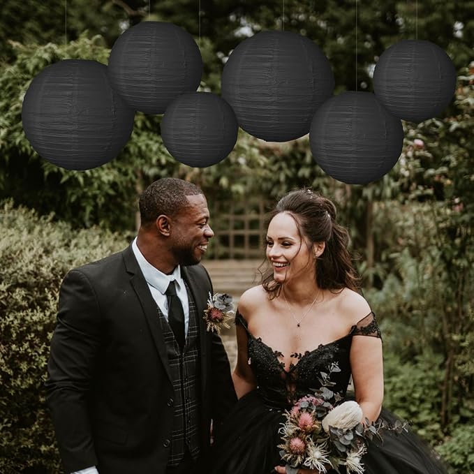 Paper Lanterns Party Decorations 6 PCS Black Round Hanging Lanterns Chinese Japanese Paper Lantern Lamp for Wedding Graduation Birthday Baby Shower Anniversary Retirement Party