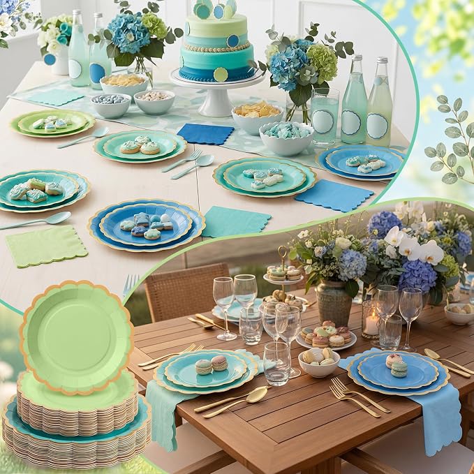 Zhehao 150 Pcs Blue and Green Plates and Napkins Tableware Serves 50 Includes 9 Inch 7 Inch Teal Scalloped Paper Plate and Napkins for Summer Ocean Sea Wedding Birthday Baby Shower Party