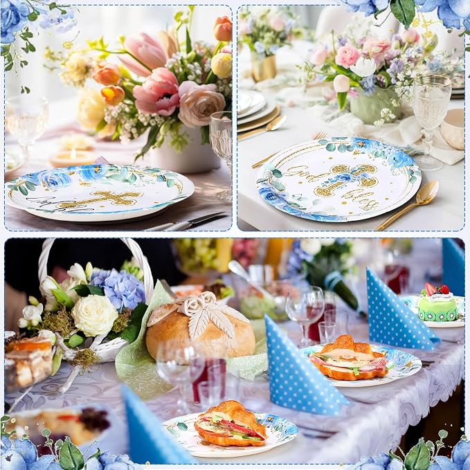 Funnymoom 60 Pcs Baptism Plates 9 Inch Blue God Bless Floral Plates Disposable Religious Party Decoration for First Communion Christening Celebration Baby Shower Religious Party Supplies