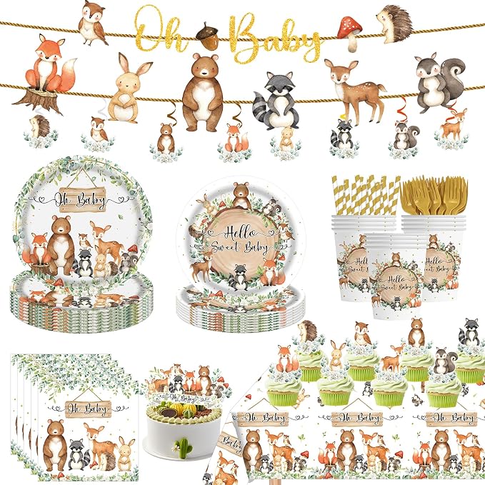 170pcs Woodland Animals Baby Shower Decorations Pack Forest Animal Neutral Gender Reveal Party Supplies Woodland Themed Birthday Party Ideas Set , Tablecloth, Cake Toppers,for 25 Guests