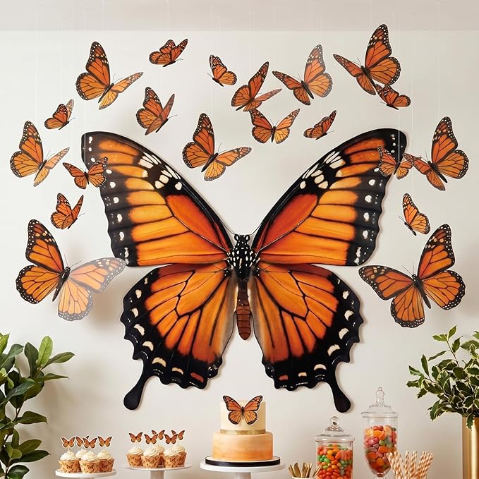 Tingjoo 21 Pcs Large Butterfly Decorations Kit 3D Monarch Butterfly Party Backdrop Decorations and 20 Pcs Hanging Butterflies Photo Booth Props for Baby Shower Wedding Garden Birthday Party