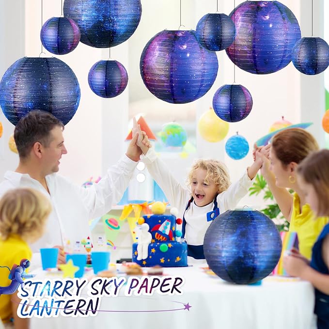 10 Pieces Galaxy Print Paper Lanterns Chinese Japanese Space Themed Hanging Paper Lanterns Galaxy Themed Party Supplies Ceiling Decor for Home Birthday Party Decor(12 Inch/ 6 Inch)
