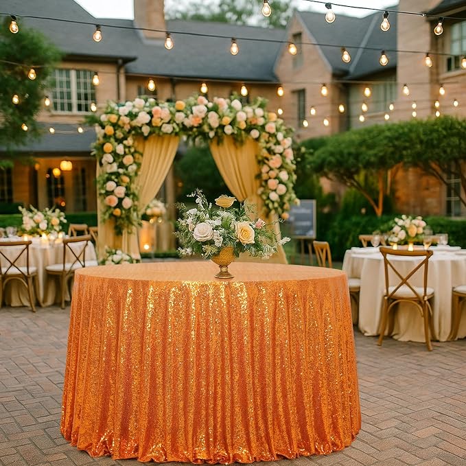 Eternal Beauty Orange Tablecloth, 120 Inch Round Sequin Tablecloth for Party Cake Dessert Table Exhibition Events