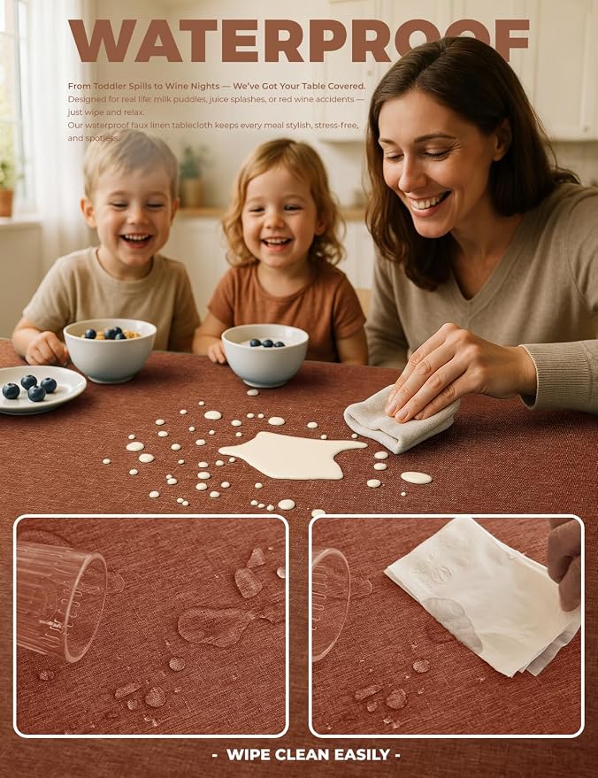 Decorelia Table Cloth for Rectangle Dining Table, Faux Linen Waterproof Texture Farmhouse Washable Rectangular Tablecloth Cover for Birthday, Party, Picnics, Wedding Decor(Burnt Orange, 52 x70 Inch)