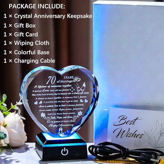 Happy 70th Wedding Anniversary Crystal Gifts for Couples Parents with Colorful LED Base, Romantic Heart 70th Anniversary Keepsake Gifts for Her Him, 70 Years of Marriage Gift for Wife Husband