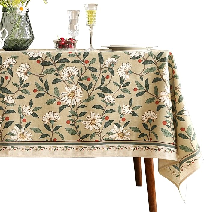 ISAENNE Designer Vintage Linen Green Rectangular Tablecloth,110"x63"-Brune | French Elegant Table Cloth Rectangle Table,Floral Pattern,Heavyweight,Decor,Dining Room,Tea Party,Kitchen,Thanksgiving
