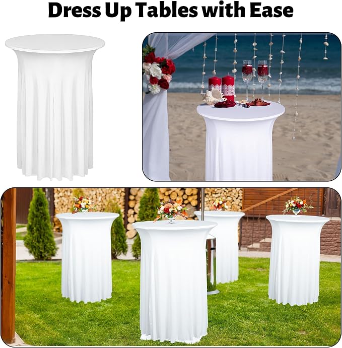 Kochorie 8 Pieces Cocktail Table Skirt Round Cocktail Table Covers 32 x 43 Inch Spandex Stretch High Top Table Cloth for Wedding Table Bar Banquet Party Supplies (White)