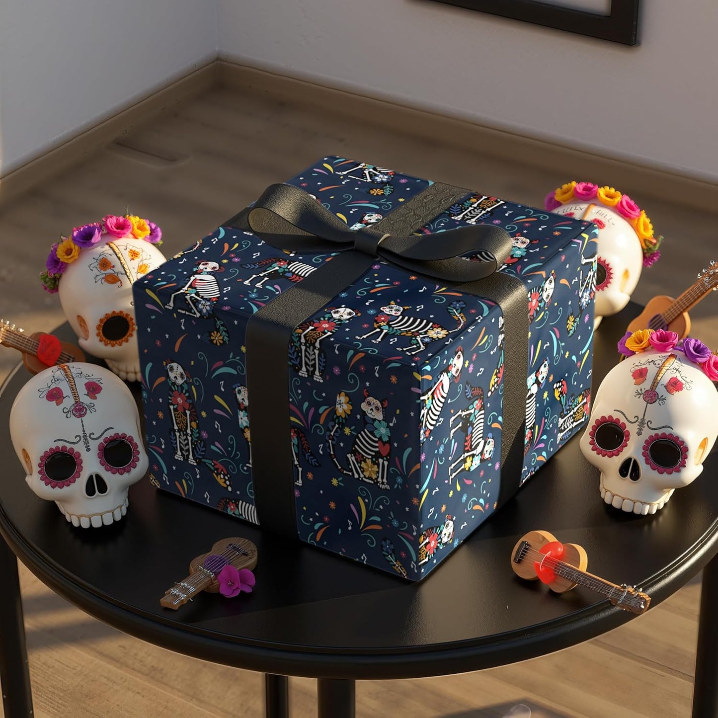 LeZakaa Day of the Dead Wrapping Paper Roll, Colorful Skeleton Dogs Cats with Flowers Music Notes Design in Navy Blue, Día de Muertos Gift Wrap for Friends, Family, Kids, Mini Roll 17 in x 16.4 Ft