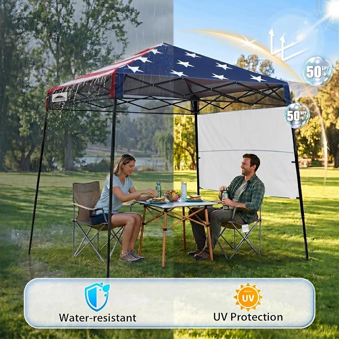 EAGLE PEAK 8x8 Pop Up Canopy Tent with Sidewall, Compact, Portable Slant Leg Instant Sun Shelter for Beach, Sports, & Camping, 8x8 Base 6x6 Top, American Flag
