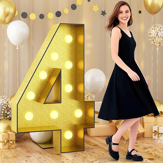 Light Up Number 4, Marquee Light Up Numbers Gold 4FT, Large Led Numbers Lights for 4th Birthday, 4 Feet Tall DIY Frame Pre-Cut Foam Board Kit for Night Light Party Anniversary Decorations