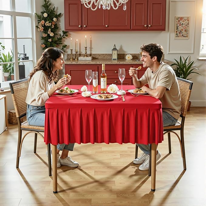 Wish Care Red Spandex Tablecloths for 34x34 Inch Square Tables, Stretch Fitted Table Clothes with Pleated Ruffle Skirt for 34” Table, Wrinkle Free and Elastic, for Party Kitchen Home Dining
