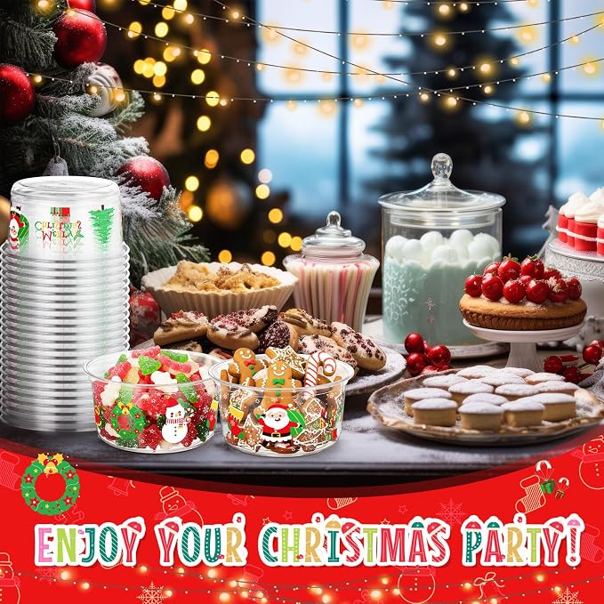 SiliFine 100 Pcs Christmas Plastic Bowls Bulk 12 oz Disposable Xmas Snack Bowls Clear Santa Cups for Christmas Party Serving, Salads, Fruit, Desserts, Parfaits, Snacks, Special Events