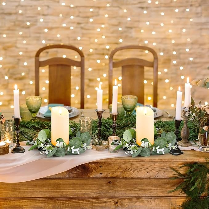 VIHOSE 10 Set Candle Rings Artificial Eucalyptus Leaves Wreaths with Flameless Candles Sets Boho Wreath Pillar Candleholders LED Pillar Battery Table Centerpieces for Wedding Party Table Door Decor
