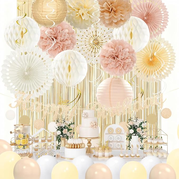 Champagne-Gold Pink Birthday Decorations for Women Girls,Pre-Strung Happy Birthday Banner,Boho Peach Paper Lanterns Tissue Pom Poms Fan,Cream White Balloons,Girl Woman Party Backdrop Supplies