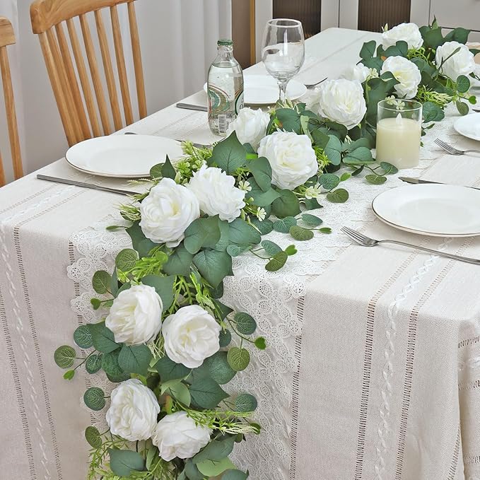 4 Pack 6.23 FT Artificial Eucalyptus Garlands with White Roses,Faux Floral Greenery Garlands Fake Rose Flowers Vines Garlands for Wedding Table Centerpieces Arch Party Ceremony Backdrop Decor