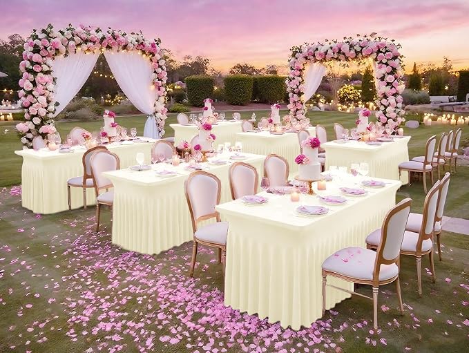 2 Packs Ivory Stretch Table Skirts for 8 Foot Rectangle Table, Washable Spandex Stretch Tablecloths with Skirt, Wrinkle Resistant Fitted Tablecover for Wedding Party Banquet