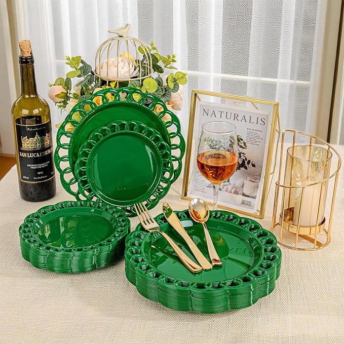 COLOSUS 60pcs Green Plastic Christmas Plates Set,Elegant Lace Rim Disposable Plates,Nice Plastic Plate for Party include 30 Dinner Plates and 30 Dessert Plates for Party,Wedding