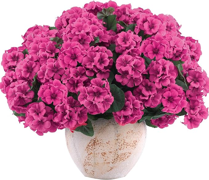 Hananona 12 Pcs Artificial Geranium Flowers for Outdoors Geranium Silk Flowers Outdoor UV Resistant Garden Plants Faux Flowers for Home Kitchen Table Centerpieces Decor (12, Rose Red)