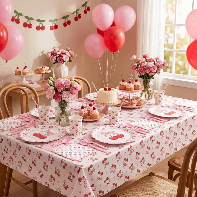 Vesici 452 Pcs Cherry Birthday Party Supplies Pink Cherry Bow Disposable Tableware Set Includes Plates Cups Napkins Tablecloth and Cutlery for Girls Baby Shower Bridal Shower Wedding, Serve 50 Guests
