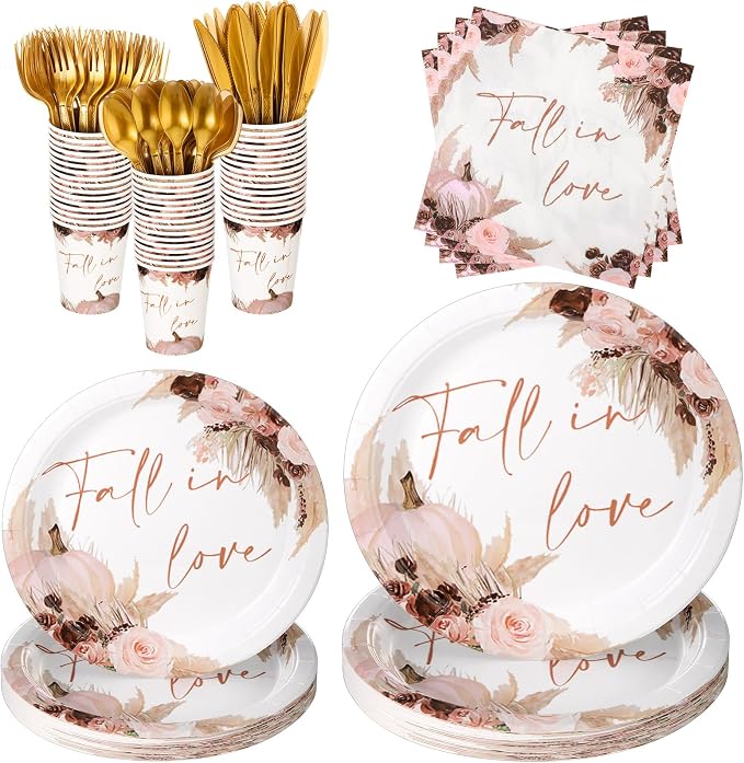 Shellwei 350 Pcs Fall in Love Bridal Shower Decorations Floral and Pumpkin Paper Plates and Napkins Set for 50 Guest Disposable Flower Paper Cups Knifes Forks Spoons for Fall Wedding Party