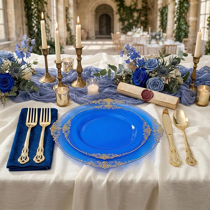 102PCS Blue Plastic Plates - Royal Gold Disposable Plates - Clear Blue Party Plate - Heavyweight Disposable Plate with Gold Rim - Fancy Dinner & Dessert Plates for 51 Guests Party Wedding