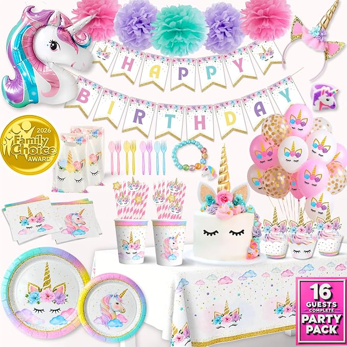 152 Pc Unicorn Birthday Decorations for Girls, Complete Party Supplies Kit | 2026 Family Choice Award winner – plates, napkins, cutlery, straws, pom-poms, balloons, banner, headband, bracelet & more