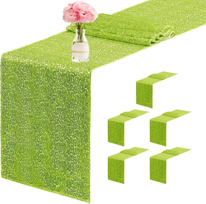 6 Packs 12 x 72 inches Sequin Table Runner, Apple Green Glitter Table Runner for Birthday Party Supplies Wedding Engagement Baby Shower Holiday Celebration Event Decorations