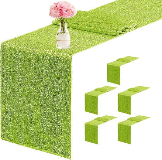 6 Packs 12 x 72 inches Sequin Table Runner, Apple Green Glitter Table Runner for Birthday Party Supplies Wedding Engagement Baby Shower Holiday Celebration Event Decorations