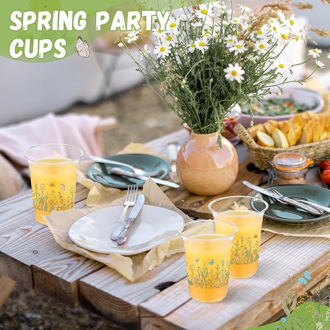 Hushee Wildflower 60 Pcs Party Cups 16 oz Plastic Disposable Drinking Cups for Birthday Love Baby in Bloom Baby Shower Summer Fresh off The Market Bridal Shower Decorations Supplies