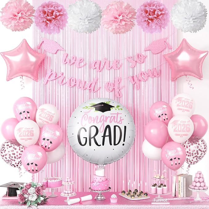 Graduation Party Decorations Pink, Congrats GRAD Banner Paper Pompoms Pink Fringe Curtain Backdrop Star Foil Balloons Pink White Latex Balloon for Graduation Class of 2026 Decorations
