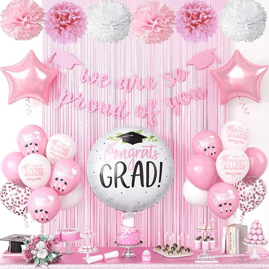 Graduation Party Decorations Pink, Congrats GRAD Banner Paper Pompoms Pink Fringe Curtain Backdrop Star Foil Balloons Pink White Latex Balloon for Graduation Class of 2026 Decorations