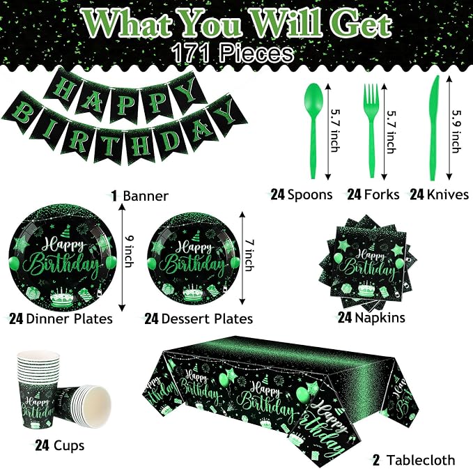 Vesici 171 Pcs Happy Birthday Party Supplies 24 Set Disposable Party Tableware include Plates Cups Napkins Cutlery and Banner Tablecloth Birthday Dinner Decorations for Men Woman(Black, Green)