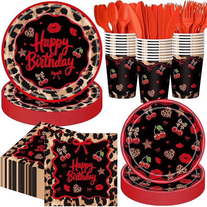 400 Pcs Red Cheetah Print Birthday Decoration for 50 Guests, Red and Black Cheetah Cherry Paper Plates Napkins Cups Cutlery Leopard Tableware for Y2K Girls Night Big Mama Party Supply