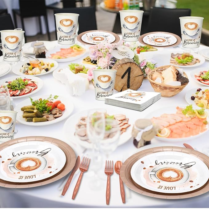 Yungyan 252 Pcs Love Is Brewing Coffee Bridal Shower Party Tableware Set Love Is Brewing Plates Napkins Cups Cutlery for Coffee Lovers Bachelorette Party Decorations Supplies 36 Guests