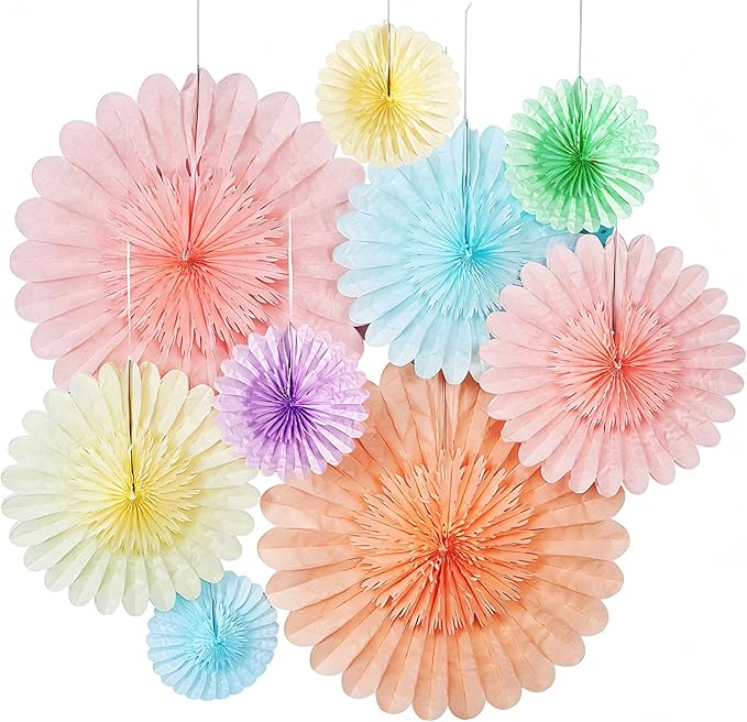 Paper Jazz 9pcs Spring Pastel Paper Fans Party Decoration,Paper Flowers Wall Decoration, Rainbow Birthday Party Decorations Tissue Pom Poms for Birthday Wedding Baby Shower Classroom.