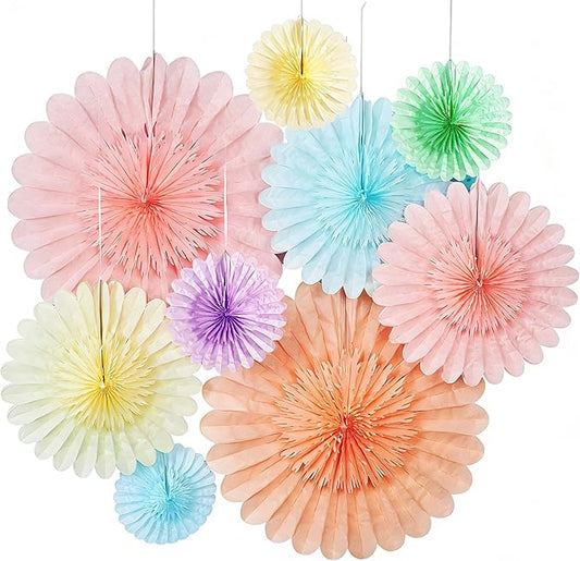 Paper Jazz 9pcs Spring Pastel Paper Fans Party Decoration,Paper Flowers Wall Decoration, Rainbow Birthday Party Decorations Tissue Pom Poms for Birthday Wedding Baby Shower Classroom.